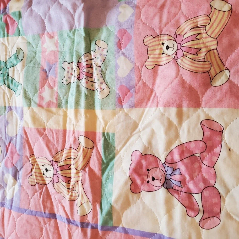 VTG Handmade Baby Quilted‎ Blanket Pastel Bears & Hearts Vintage